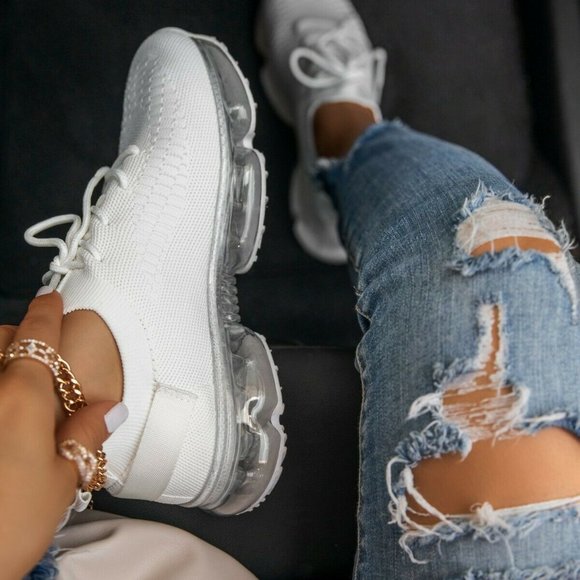 New White Knit Lace Up Clear Bubble Sole Sneakers - Picture 1 of 5